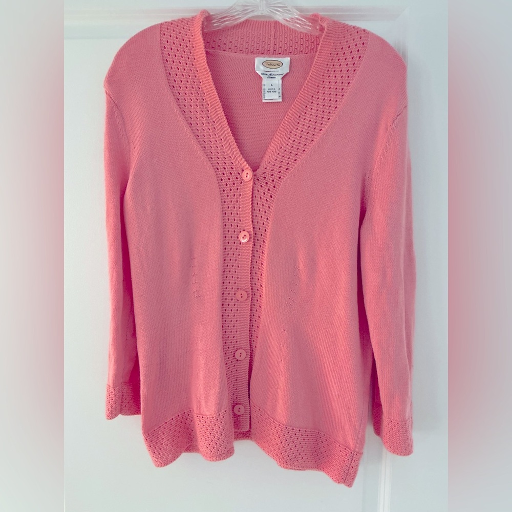 Women’s Talbots PINK Cardigan Cotton Sweater~ Cottage Core ~ Crochet Trim Sz L